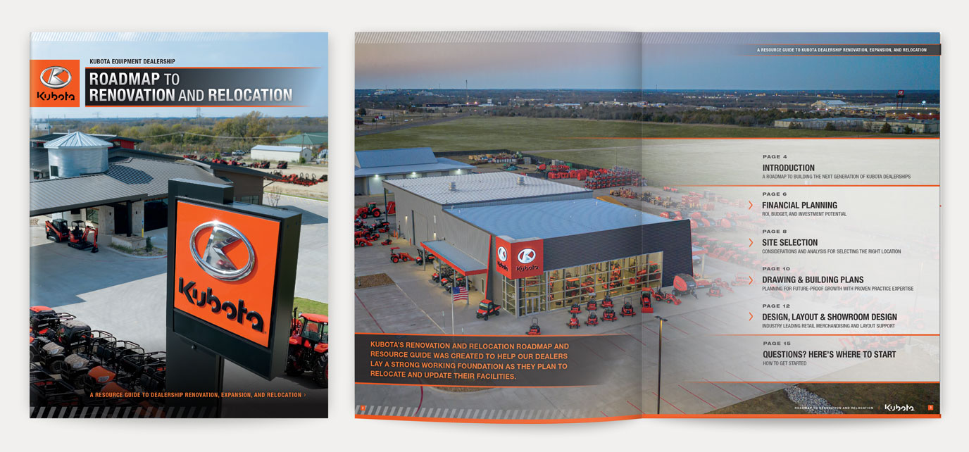 Kubota Roadmap to Renovation and Relocation brochure cover and table of contents
