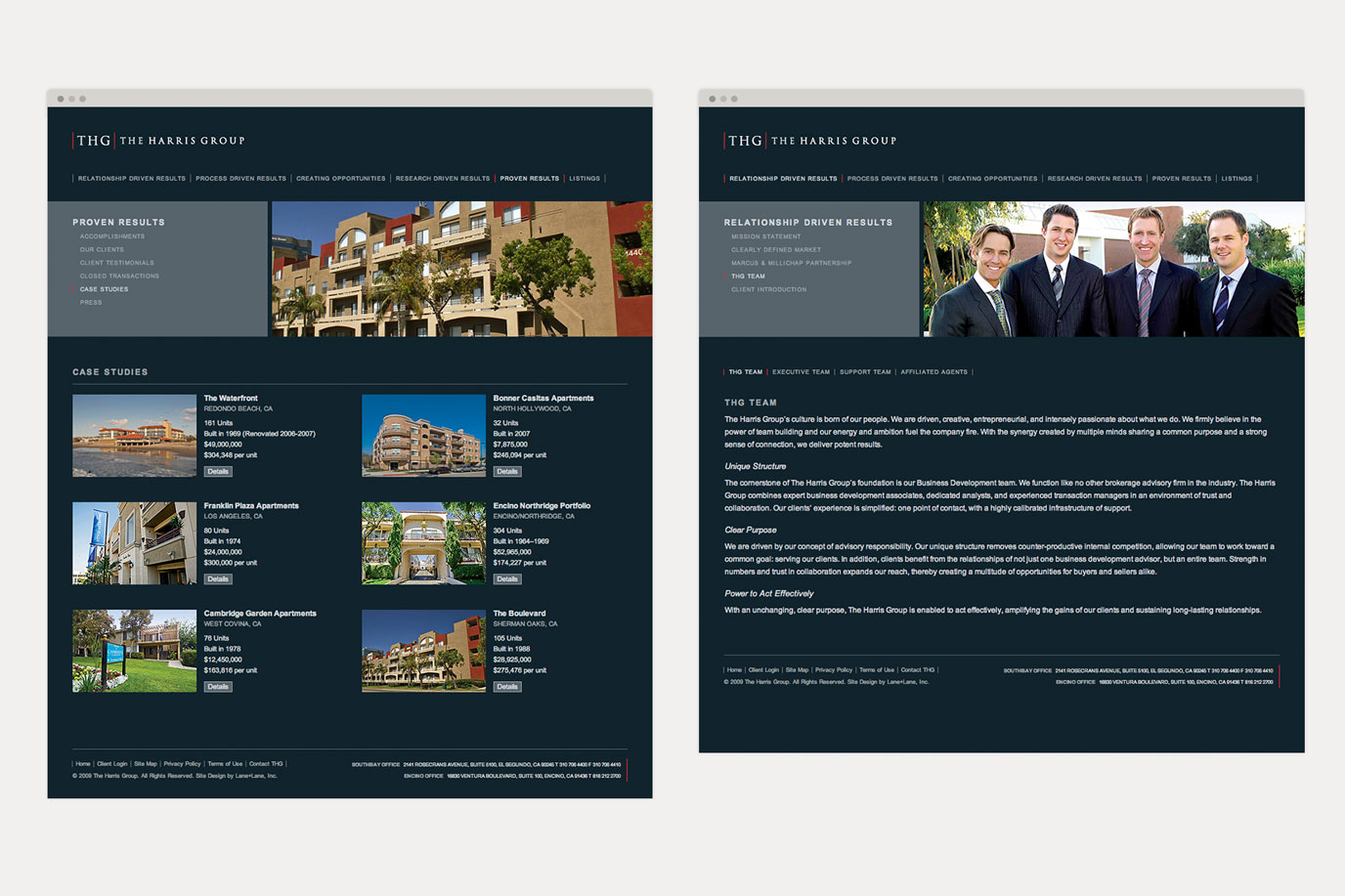 The Harris Group website Our Team and Case Studies pages